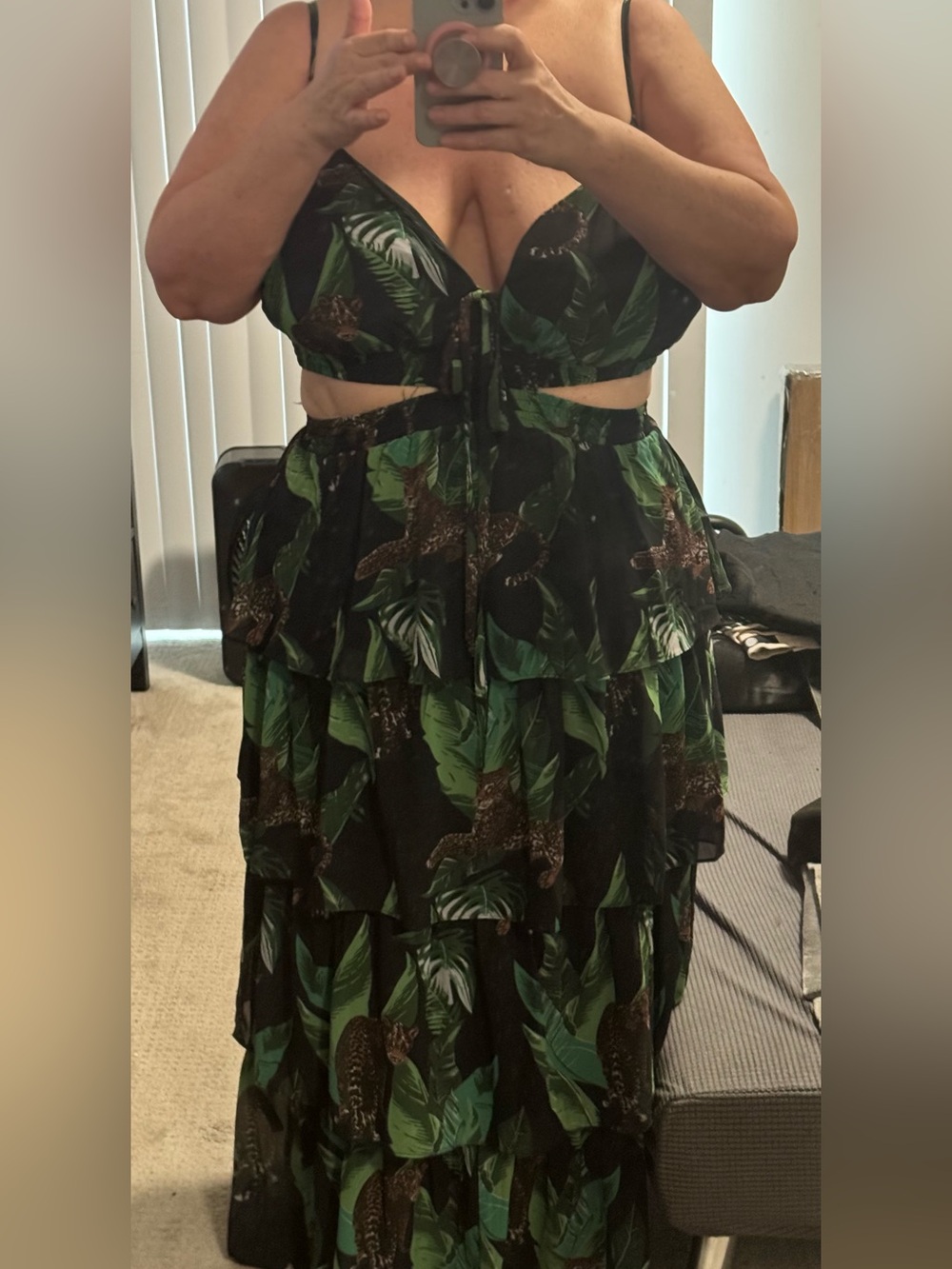 NWOT Tiered Tropical Leaf & Leopard Print Maxi Skirt - Black/Green Sz 1x